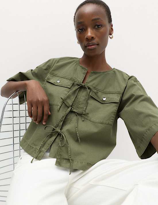 Pure Cotton Utility Tie Front Cropped Blouse