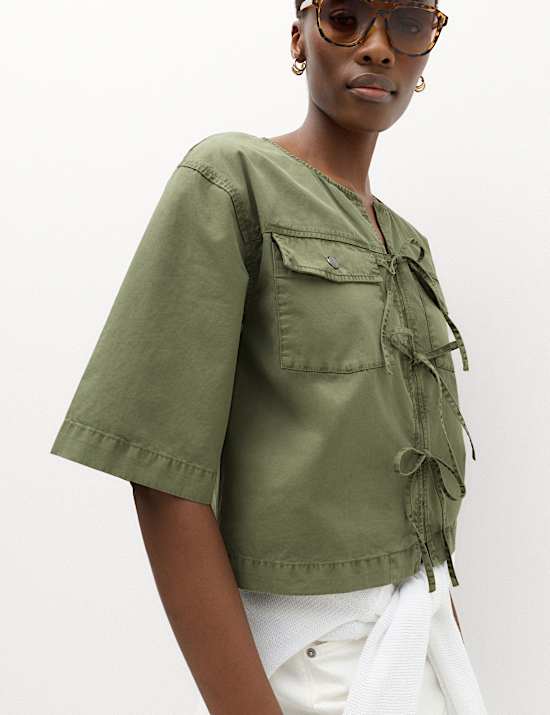 Pure Cotton Utility Tie Front Cropped Blouse