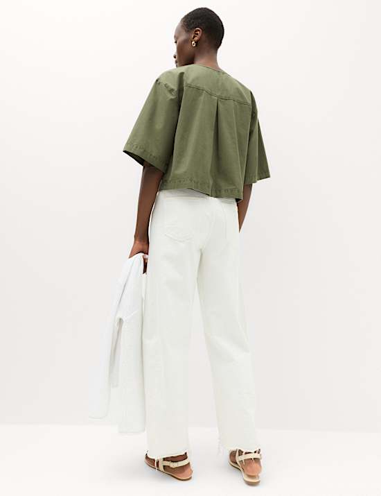 Pure Cotton Utility Tie Front Cropped Blouse
