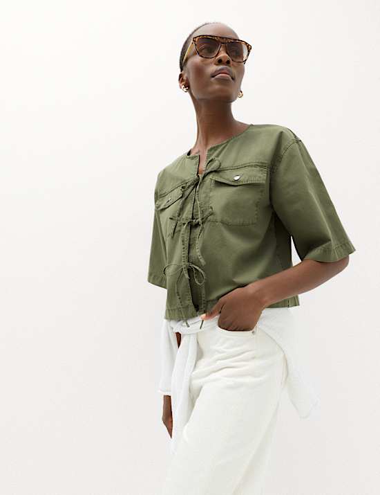 Pure Cotton Utility Tie Front Cropped Blouse