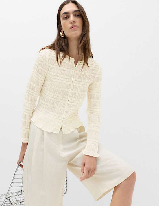 V Neck Ruffle Detail Button Through Blouse