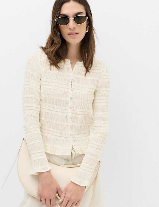V Neck Ruffle Detail Button Through Blouse