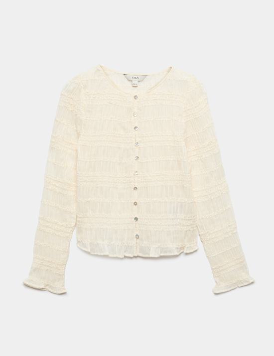 V Neck Ruffle Detail Button Through Blouse