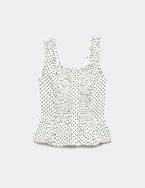 Pure Cotton Polka Dot Ruffle Detail Peplum Top