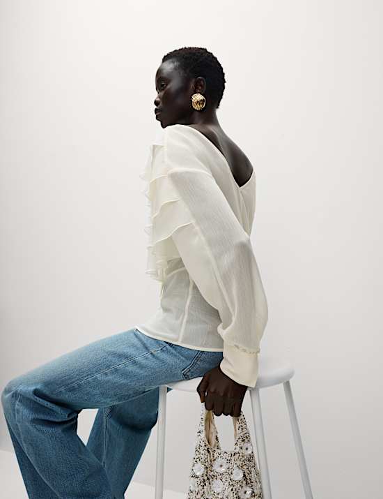 V-Neck Ruffle Tie Detail Button Through Blouse