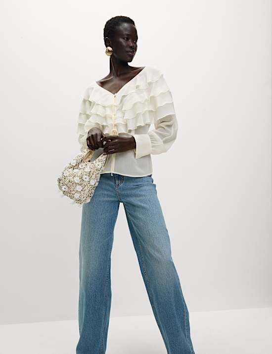 V-Neck Ruffle Tie Detail Button Through Blouse