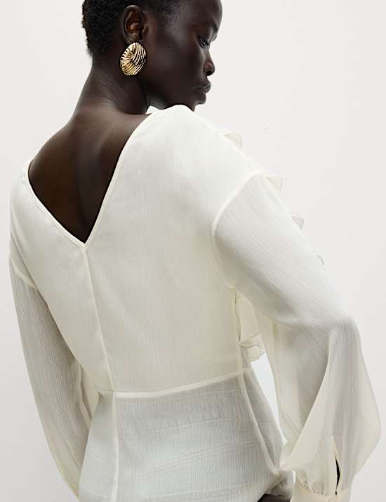 V-Neck Ruffle Tie Detail Button Through Blouse