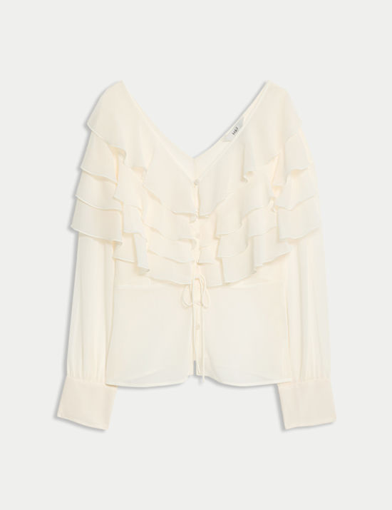 V-Neck Ruffle Tie Detail Button Through Blouse