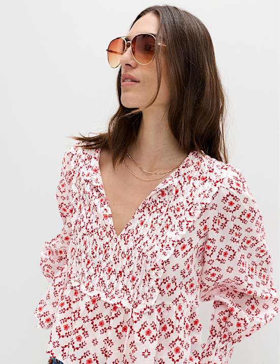 Cotton Rich Tie Neck Puff Sleeve Blouse