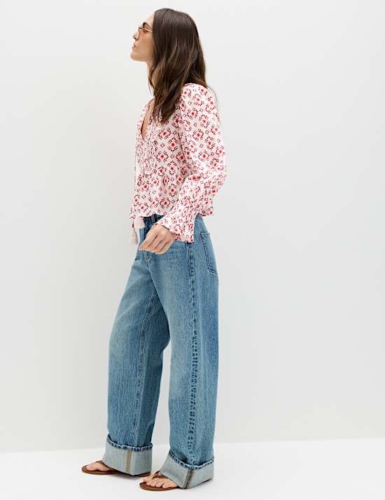 Cotton Rich Tie Neck Puff Sleeve Blouse