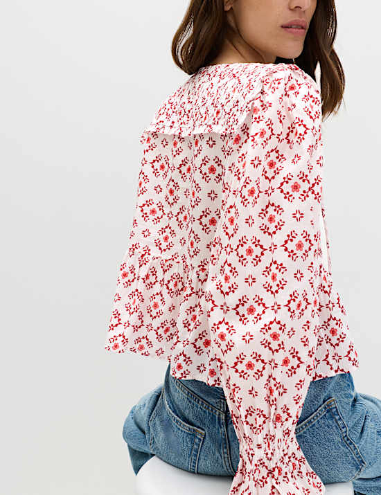 Cotton Rich Tie Neck Puff Sleeve Blouse