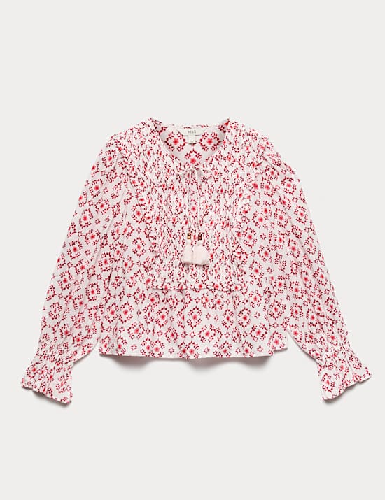 Cotton Rich Tie Neck Puff Sleeve Blouse