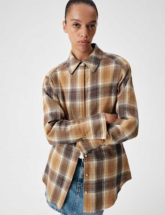 Pure Cotton Flannel Checked Longline Fitted Shirt