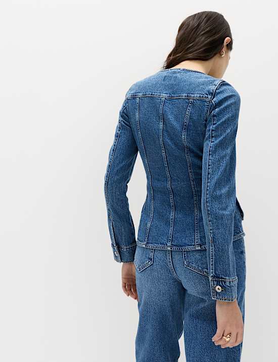 Denim Collarless Fitted Utility Jacket