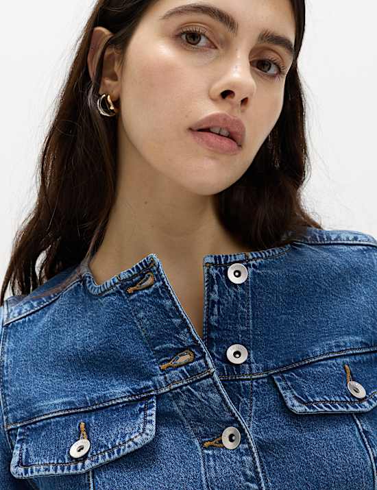 Denim Collarless Fitted Utility Jacket