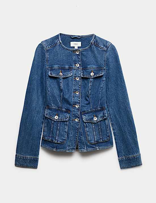 Denim Collarless Fitted Utility Jacket