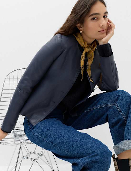 Faux Leather Collarless Jacket