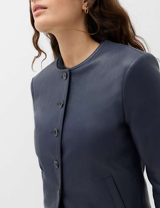 Faux Leather Collarless Jacket