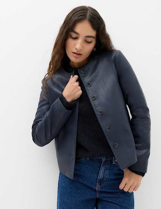 Faux Leather Collarless Jacket