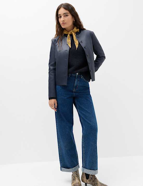 Faux Leather Collarless Jacket