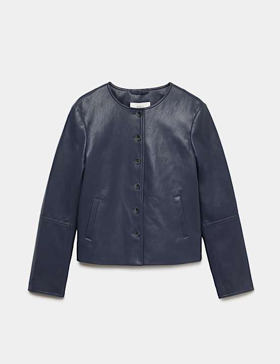 Faux Leather Collarless Jacket