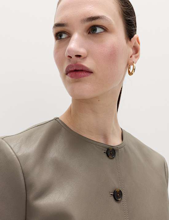 Faux Leather Collarless Jacket