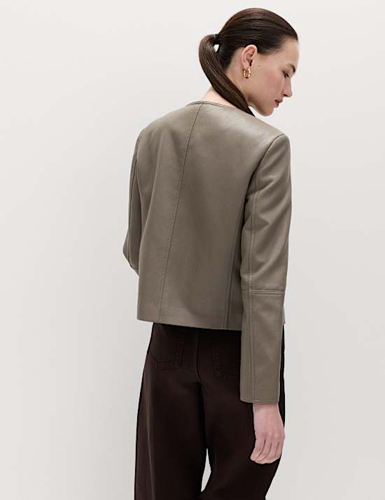 Faux Leather Collarless Jacket