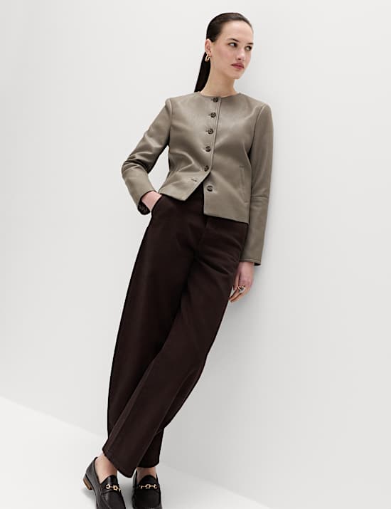 Faux Leather Collarless Jacket