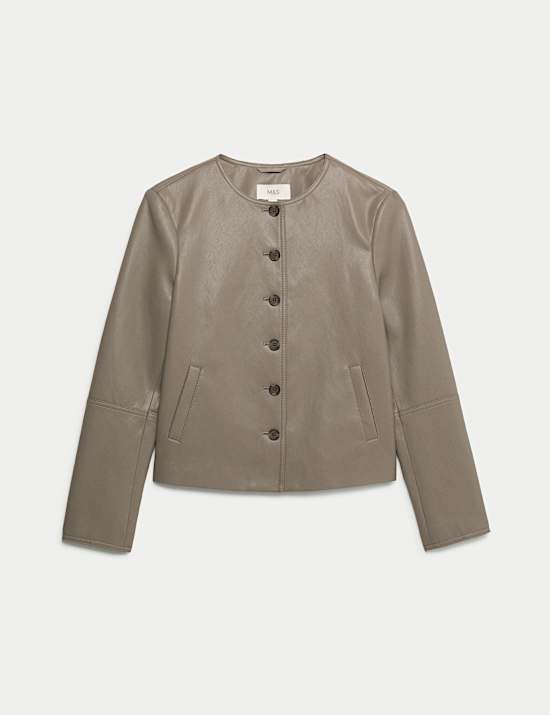 Faux Leather Collarless Jacket