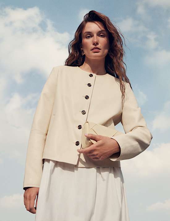 Faux Leather Collarless Jacket