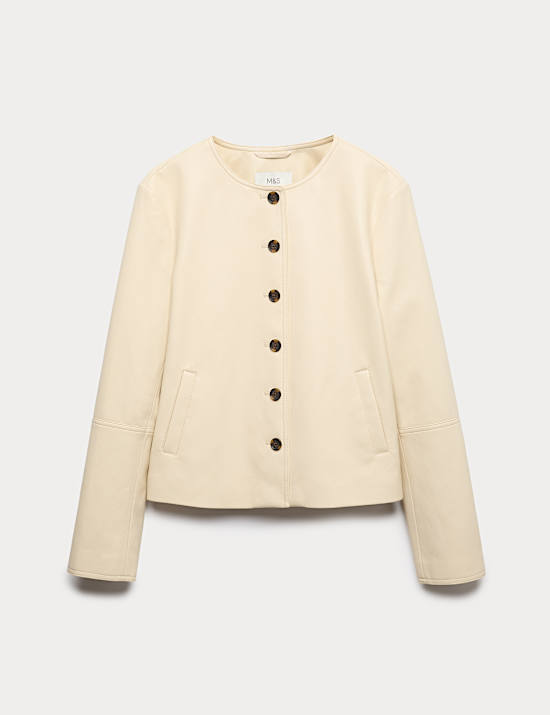 Faux Leather Collarless Jacket