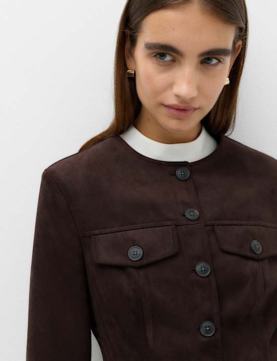 Suedette Colarless Utility Jacket