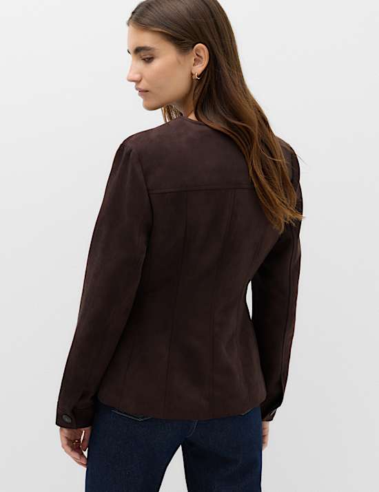 Suedette Colarless Utility Jacket