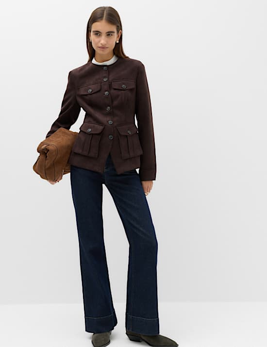 Suedette Colarless Utility Jacket