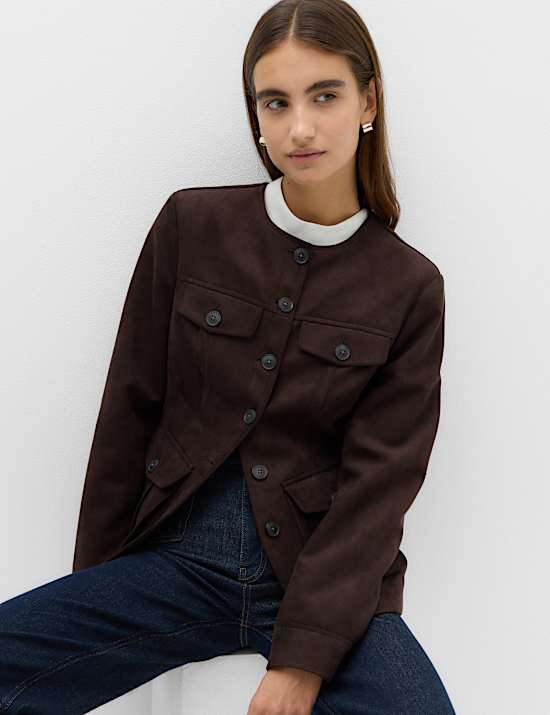 Suedette Colarless Utility Jacket