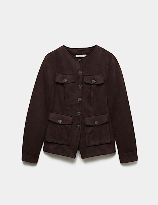 Suedette Colarless Utility Jacket