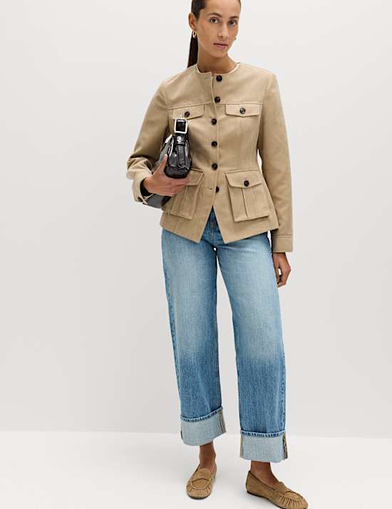 Suedette Colarless Utility Jacket