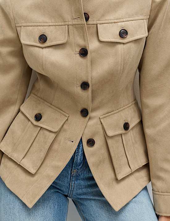 Suedette Colarless Utility Jacket