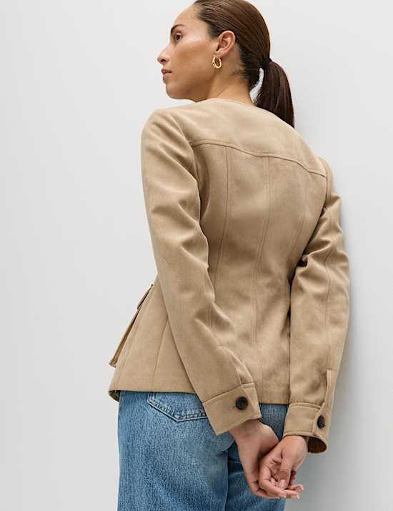 Suedette Colarless Utility Jacket