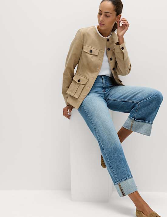 Suedette Colarless Utility Jacket