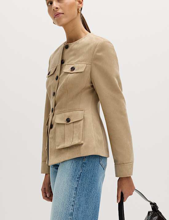Suedette Colarless Utility Jacket