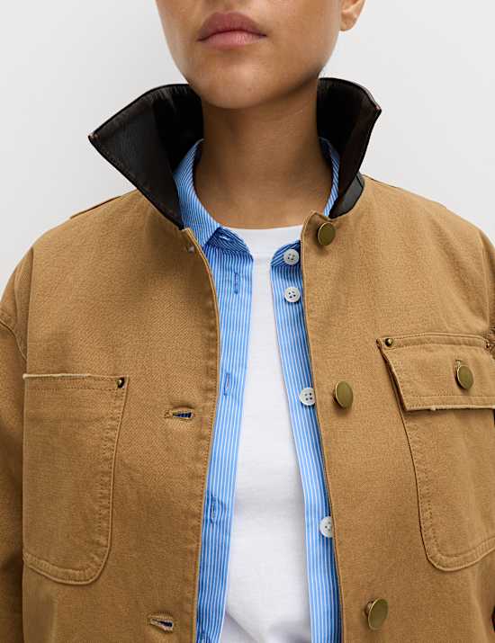 Pure Cotton Faux Leather Collared Barn Jacket