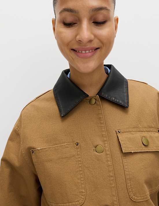 Pure Cotton Faux Leather Collared Barn Jacket