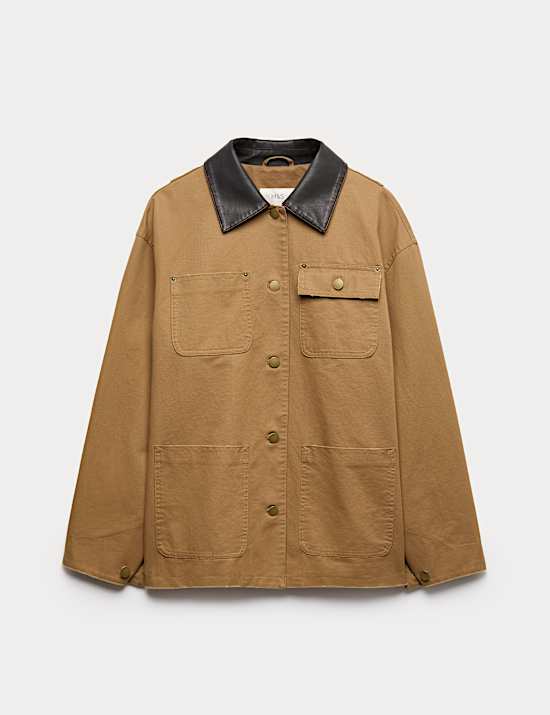 Pure Cotton Faux Leather Collared Barn Jacket