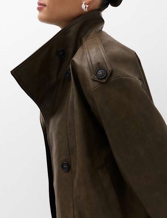 Faux Leather Funnel Neck Biker Jacket