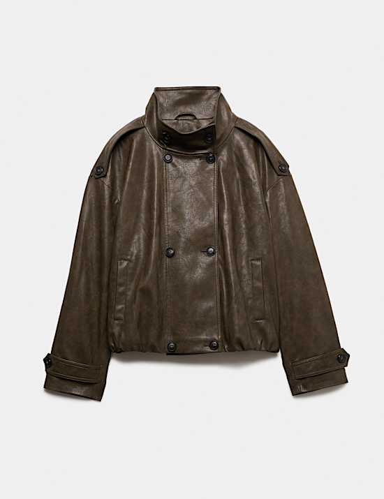 Faux Leather Funnel Neck Biker Jacket