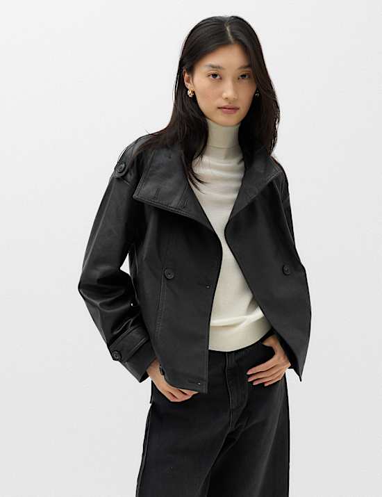 Faux Leather Funnel Neck Biker Jacket