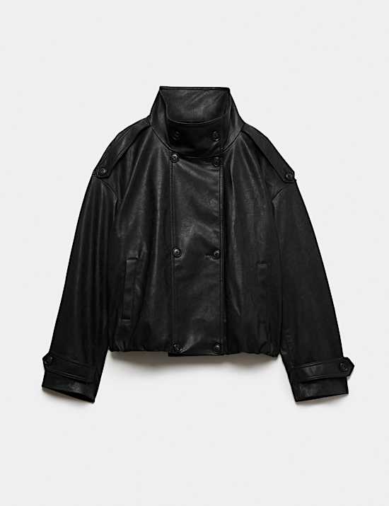 Faux Leather Funnel Neck Biker Jacket