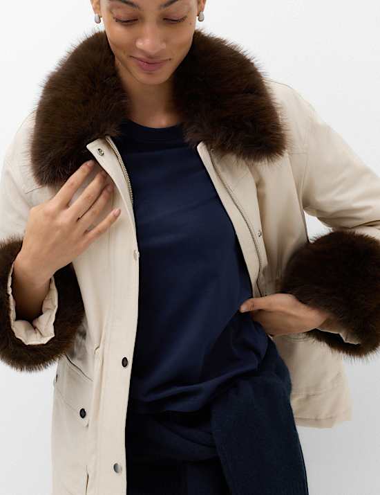 Pure Cotton Waisted Faux Fur Trim Parka