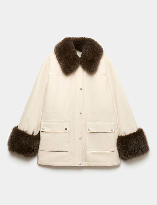 Pure Cotton Waisted Faux Fur Trim Parka